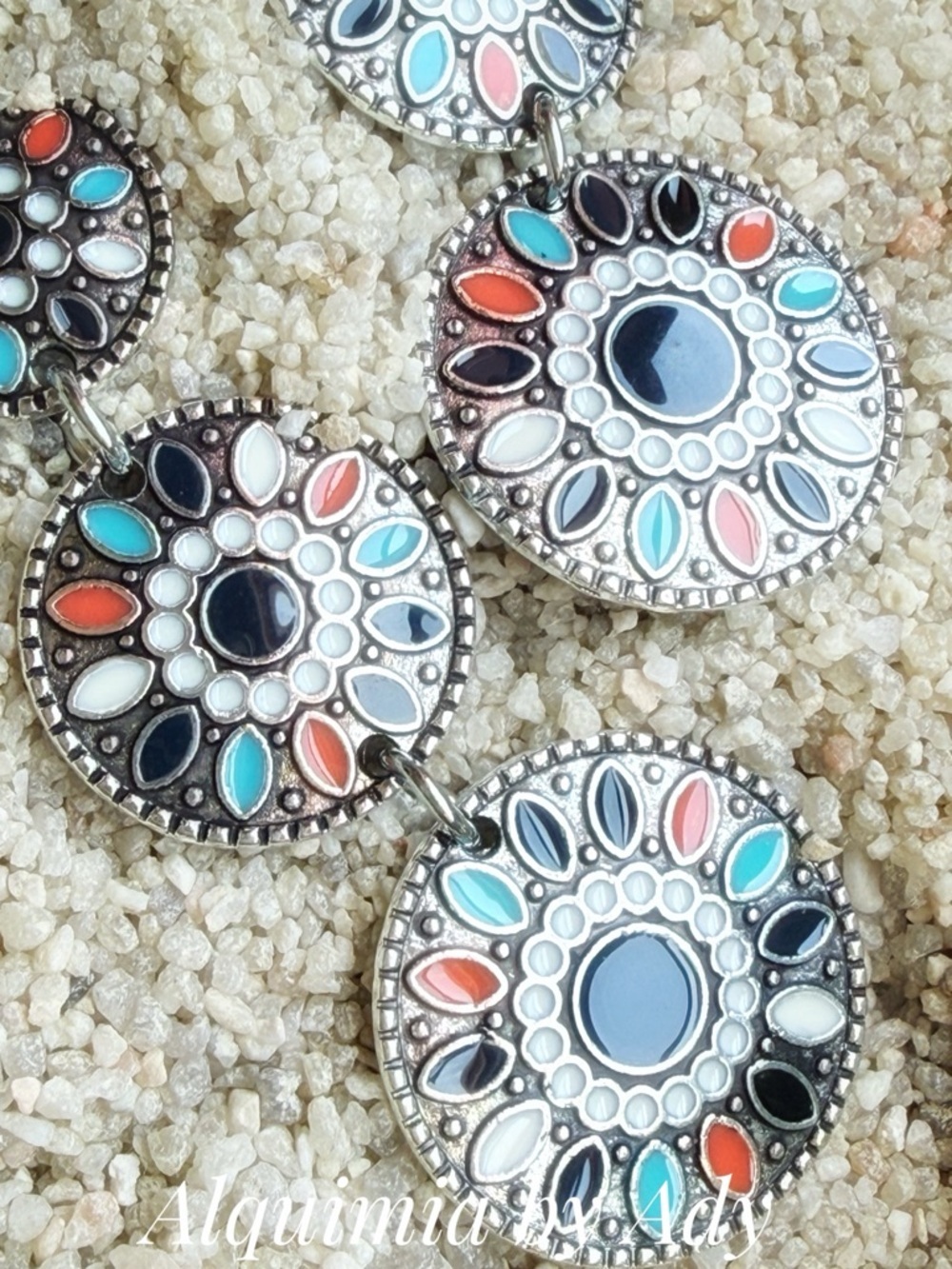 Alquimia Turquoise, Coral, Black and White Enamel Medallion Earrings